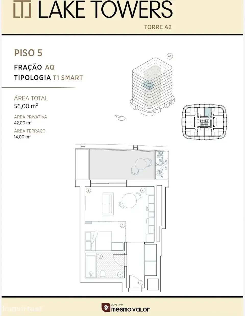 T1 Smart com Varanda e Vista para o Lago – Lake Towers, Arca d'Água